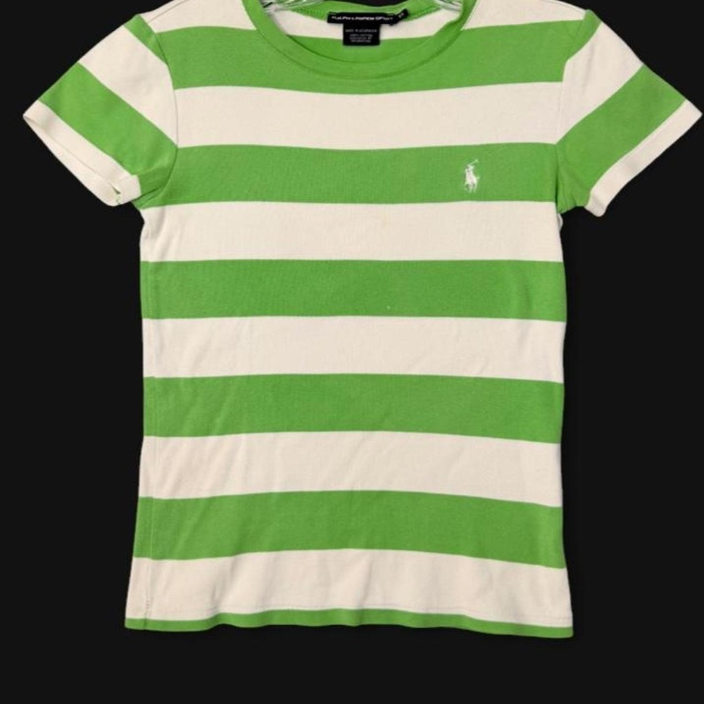 Vintage Y2K Ralph Lauren Sport Striped Tee Green White Pony Logo | Size XS